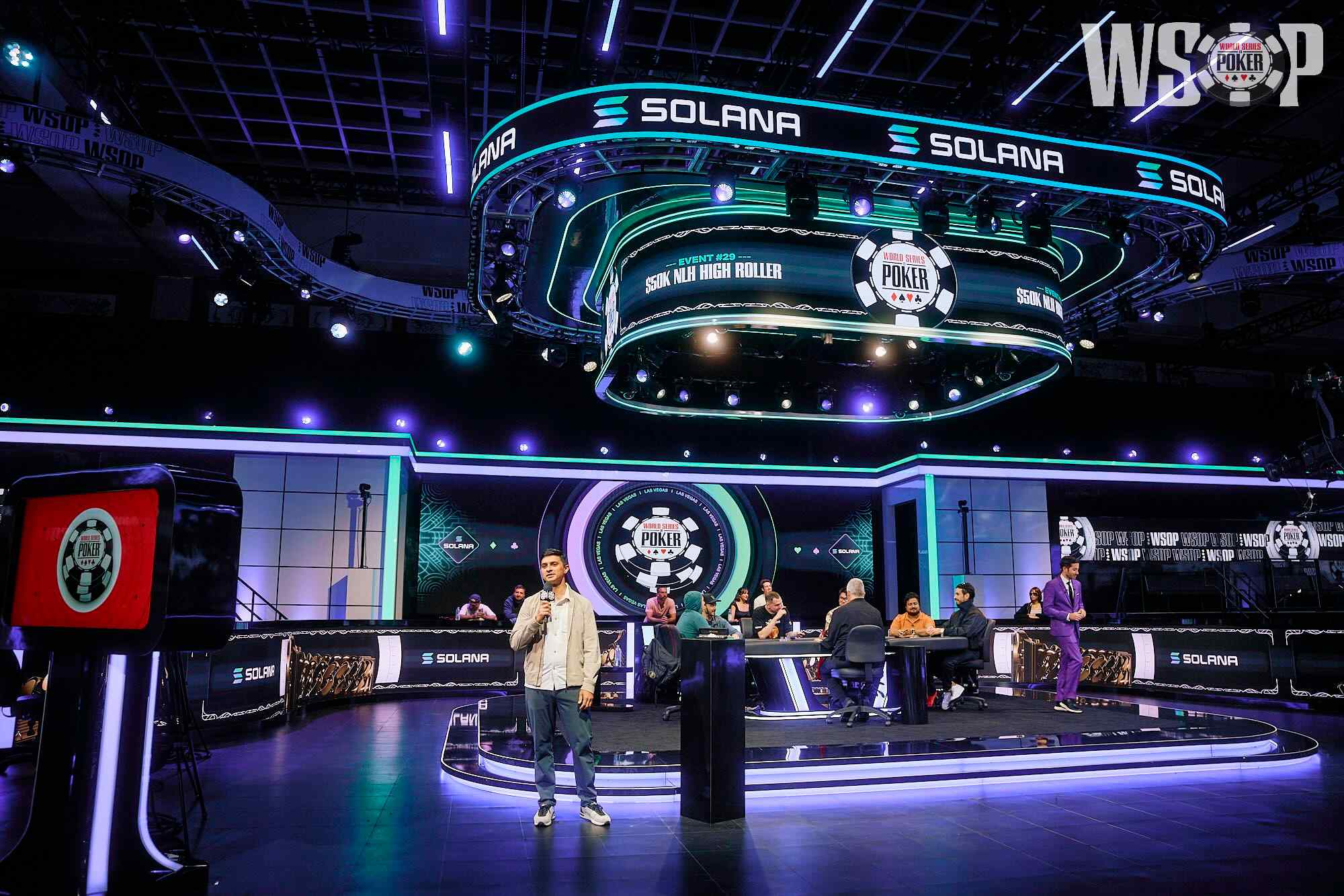 The WSOP feature table including upper branding for the crypto network and platform Solana.